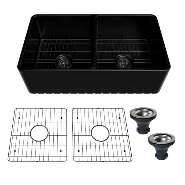 Dimakai 33 in. Farmhouse Apron Front Double Bowl Black Fireclay Kitchen Sink with Striped Design and Draining Grid