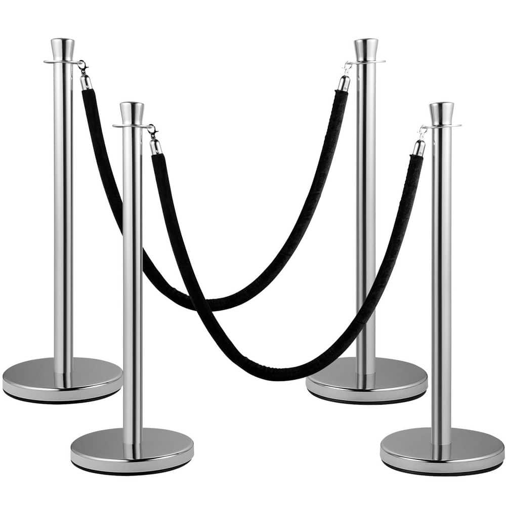 Crowd Control Stanchion, 2 Pcs Stanchion Set, Stanchion Set with 5 ft. Black Velvet Rope, Silver Crowd Control Barrier