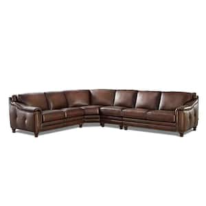 Belfast Sectional 142 in. W Flared Arm 4-Piece Leather L-Shaped Lawson Sectional Sofa in Brown