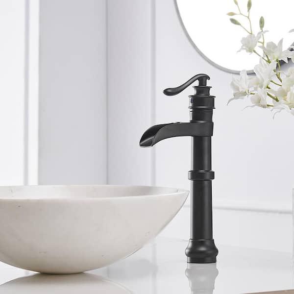 Waterfall Single Hole Single-Handle Vessel Bathroom Faucet With Pop-up Drain in Matte Black