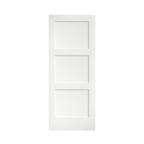 24 in. x 80 in. x 1-3/8 in. Solid Wood Shaker White Primed 3-Panel Equal Core Interior Door Slab