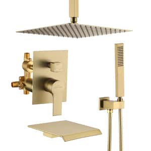 Ceiling Mount Single-Handle 1-Spray Tub and Shower Faucet in Brushed Gold - 12 Inch (Valve Included)