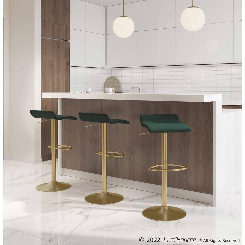 Green Velvet Adjustable Swivel Barstool with Gold Metal Base