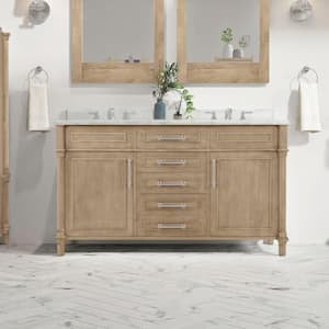 Aberdeen 60 in. Double Sink Freestanding Antique Oak Bath Vanity with Carrara Marble Top (Assembled)