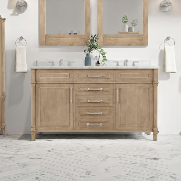 Home Decorators Collection Aberdeen 60 in. Double Sink Freestanding Antique Oak Bath Vanity with Carrara Marble Top (Assembled)