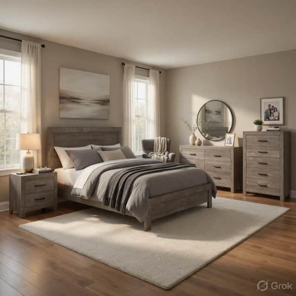 4-Piece Gray Wood Queen Size Bedroom Set with Bed, Nightstand, Chest and Dresser