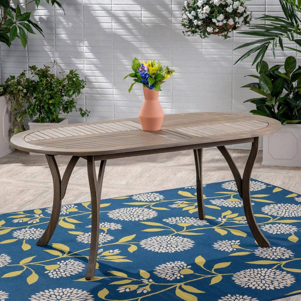 Calm Gray Acacia Wood Oval Outdoor Dining Table for 6