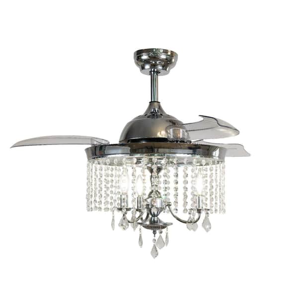 Exbrite 42 In Led Indoor Chrome Downrod Mount Retractable Crystal Chandelier Ceiling Fan With Light And Remote Control Thd Wyjsfl4204accxe12 The Home Depot Exbrite 42 In Led Indoor Chrome, Can You Attach A Chandelier To Ceiling Fan