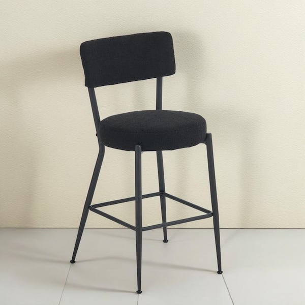 Noble House Rells 24.8 in. H Black Full Back Metal Modern Upholstered Bar Stools, Teddy Fabric, Set of 2