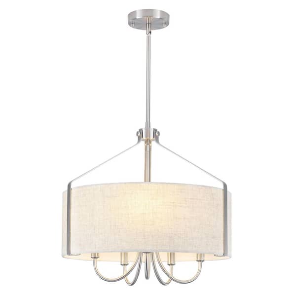 5-Light Dimmable Nickel Drum Chandelier with Fabric Shade for Kitchen Island with No Bulbs Included