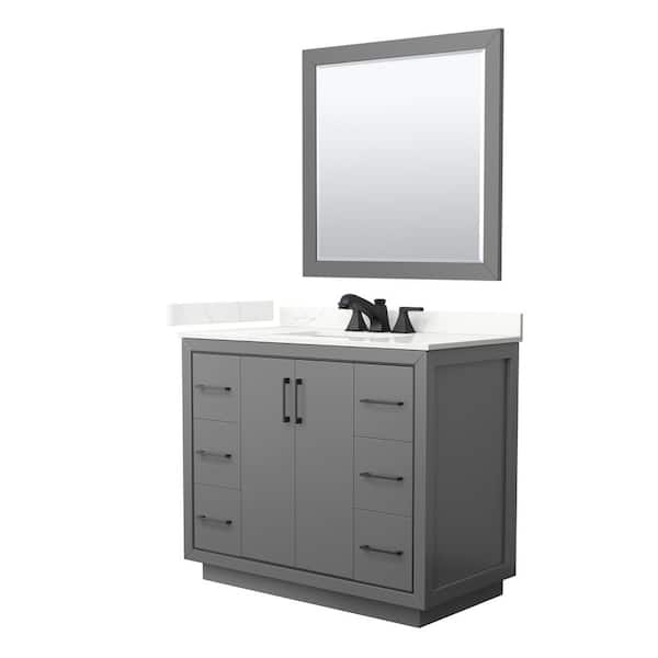 Wyndham Collection Icon 42 in. W x 22 in. D x 35 in. H Single Bath Vanity in Dark Gray with Giotto Quartz Top and 34 in. Mirror