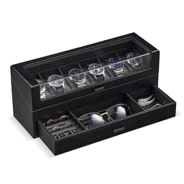 Black 6 Slot Wooden Watch Box with Drawer LX1236 - The Home Depot