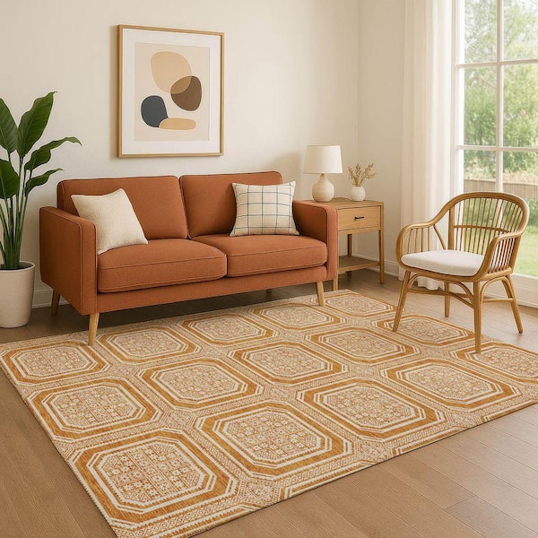 Mayfield Premium Machine Washable Abstract AMF1451 Terracotta 8 ft. x 10 ft. Area Rug