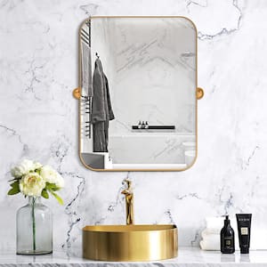 24 in. W x 31.5 in. H Modern Rectangle Metal Framed Gold Pivoted Wall Vanity Mirror With Rounded Corners