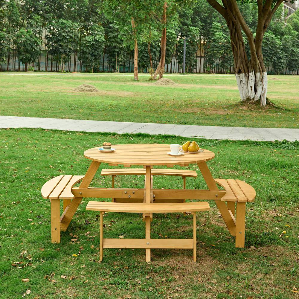 Cesicia 70.08 in. Light Brown Wood Round Picnic Tables Seats 8 People with 4 Built-in Benches and Umbrella Hole