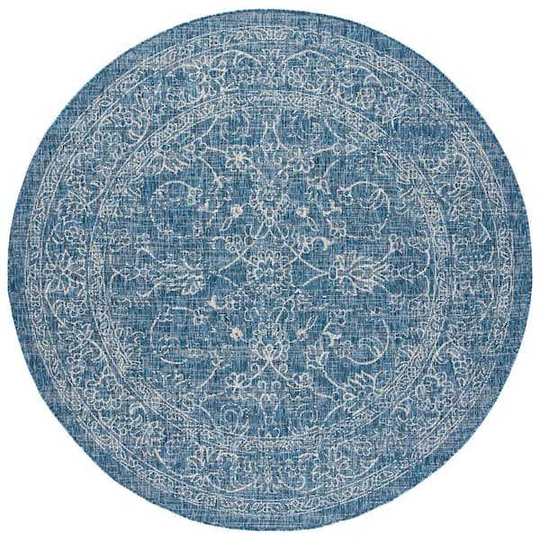 SAFAVIEH Courtyard Navy/Ivory 5 ft. x 5 ft. Round Border Indoor/Outdoor Patio  Area Rug