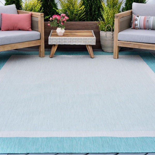 Eco Solid Border Aqua 5 ft. x 8 ft. Indoor/Outdoor Area Rug