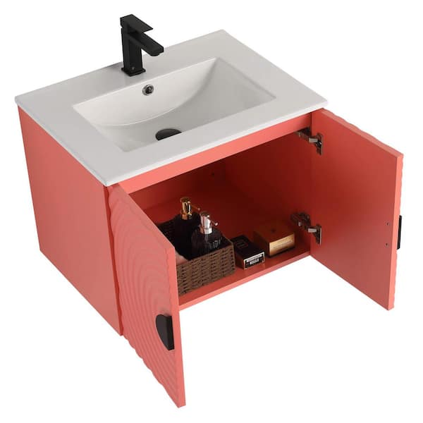 Pellabay 24 in. Floating Bath Vanity in Coral Pink with White Ceramic Sink Top Assembled