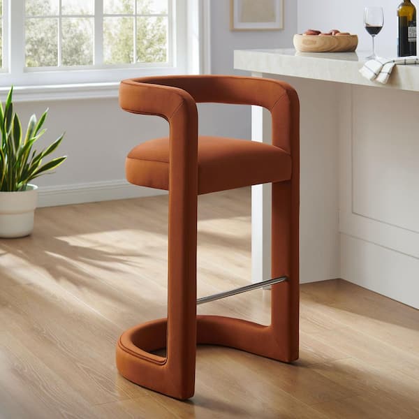 Winslow Performance Velvet Bar Stool in Rust with Stainless Steel Footrest-Bar-Height Stool with Armrests