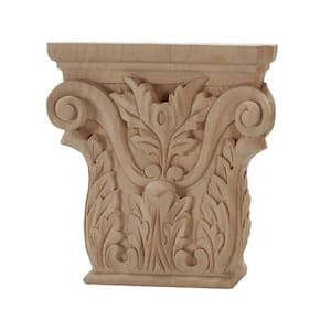4 in. x 3-7/8 in. x 1 in. Unfinished Hand Carved North American Solid Alder Acanthus Wood Onlay Capital Wood Applique
