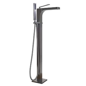 Qubic Single-Handle Floor Mount Freestanding Tub Filler Faucet with Hand Shower in Satin Nickel