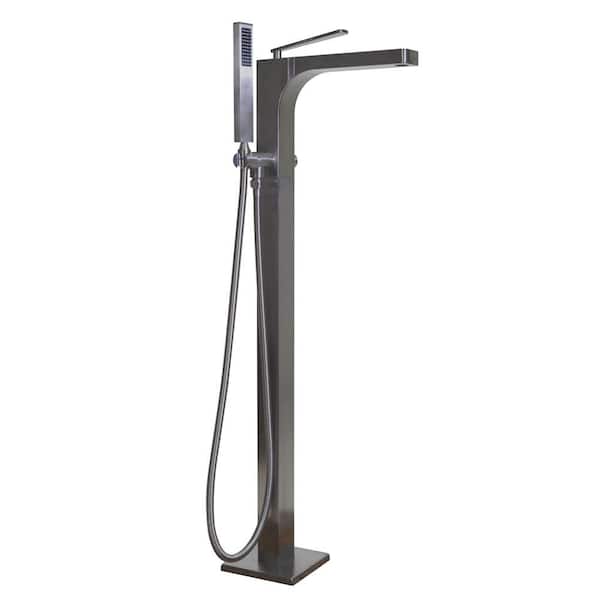 Westbrass Qubic Single-Handle Floor Mount Freestanding Tub Filler Faucet with Hand Shower in Satin Nickel