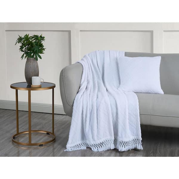 Diamond Fringe Plush White Throw Blanket and Pillow Gift Set of 2