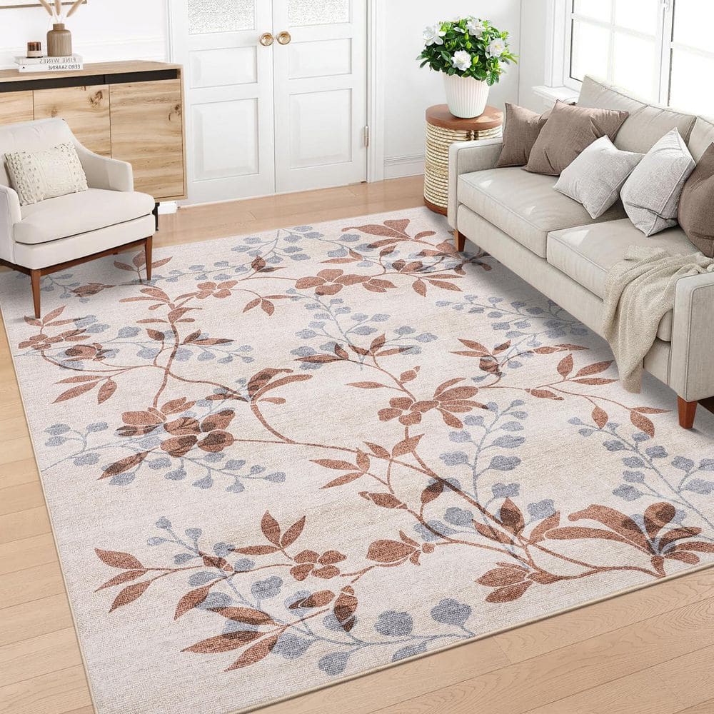 Beige 10 ft. x 13 ft. Plant Floral Rug Machine Washable Ultra-Thin