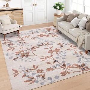 Beige 10 ft. x 13 ft. Plant Floral Rug Machine Washable Ultra-Thin