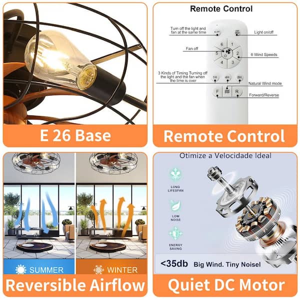 20 in. Modern Industrial Flush Mount Ceiling Fan, Remote Control, 6-Speed, Reversible DC Motor,Brown