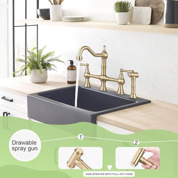 Antique Design Double Handle Bridge Kitchen Faucet with Side Sprayer in Brushed Gold
