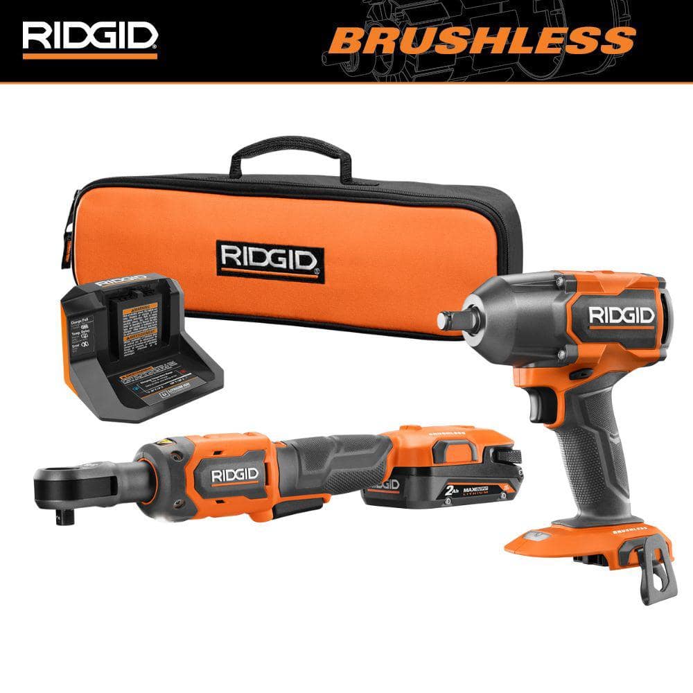 18V Brushless Cordless 2-Tool Combo Kit w/ 1/2 in. Mid-Torque Impact Wrench, 3/8 in. Ratchet, 2.0 Ah Battery, & Charger -  RIDGID, R86012R866011K