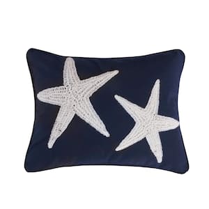 Cerralvo White and Navy Starfish Embroidered 14 in. x 18 in. Throw Pillow