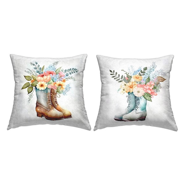 Stupell Industries Gardening Boots Mixed Flowers Multi-Color Square Outdoor Throw Pillow 2-Pack