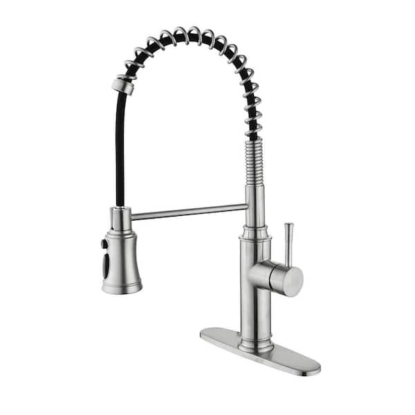 Tahanbath Single Handle Spring Pull Down Sprayer Kitchen Faucet in Brushed Nickel