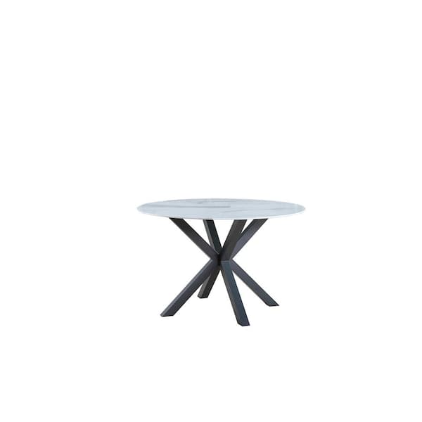 Best Quality Furniture Martina 47 in. White Round Marble Wrap Glass Top Iron Metal Cross Legs Dining Table (Seats-4)