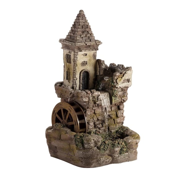 Alpine Corporation 35 in. Tall Outdoor Fairy Castle Waterwheel Tiered Fountain Yard Art decoration