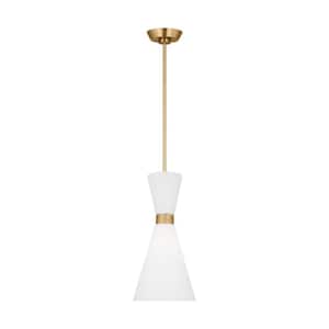 Belcarra Small 8 in. W x 16.375 in. H 1-Light Satin Brass Statement Pendant Light with Etched White Glass Shade