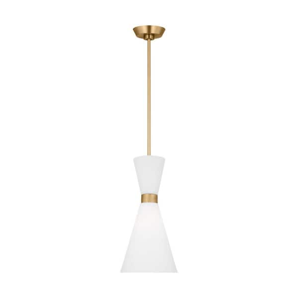 SCOTT LIVING Belcarra Small 8 in. W x 16.375 in. H 1-Light Satin Brass Statement Pendant Light with Etched White Glass Shade