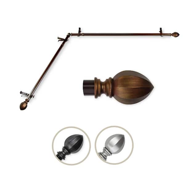 Rod Desyne 13/16" Dia Adjustable 120" to 170" Single Corner Window Curtain Rod in Cocoa with Garnet Finials