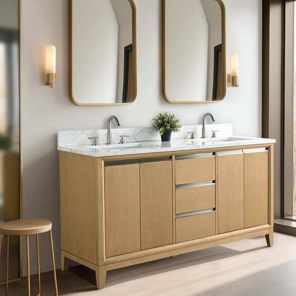 60" Natural Oak Double Sink Bathroom Vanity with Engineered Marble Top