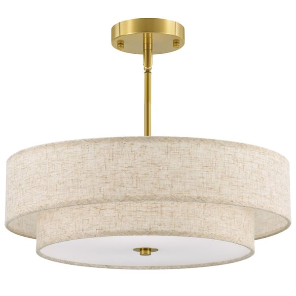 18 in. 4-Light Antique Brass Semi-Flush Mount Ceiling Light Fixture Drum Pendant Light with 2-Layer Fabric Shade