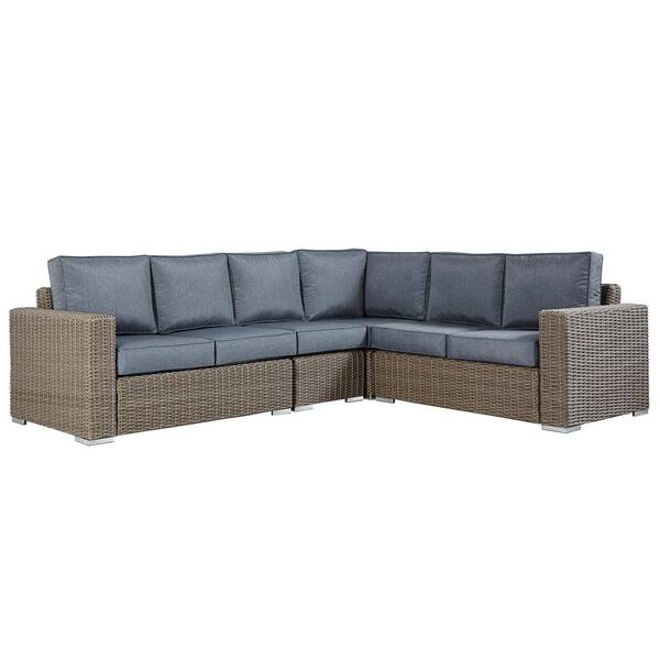 HomeSullivan Camari Mocha Rolled Arm Wicker Outdoor Sectional Sofa Gray Cushion