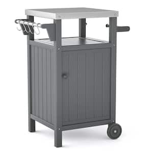 Outdoor Stainless Steel Tabletop 1 Door Grill Cart for BBQ, Patio Cabinet with Wheels, Hooks and Side Shelf in Gray