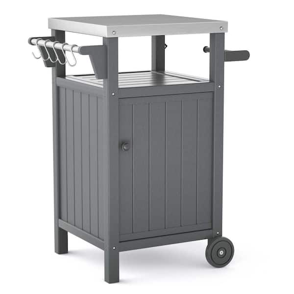 Zeus & Ruta Outdoor Stainless Steel Tabletop 1 Door Grill Cart for BBQ, Patio Cabinet with Wheels, Hooks and Side Shelf in Gray