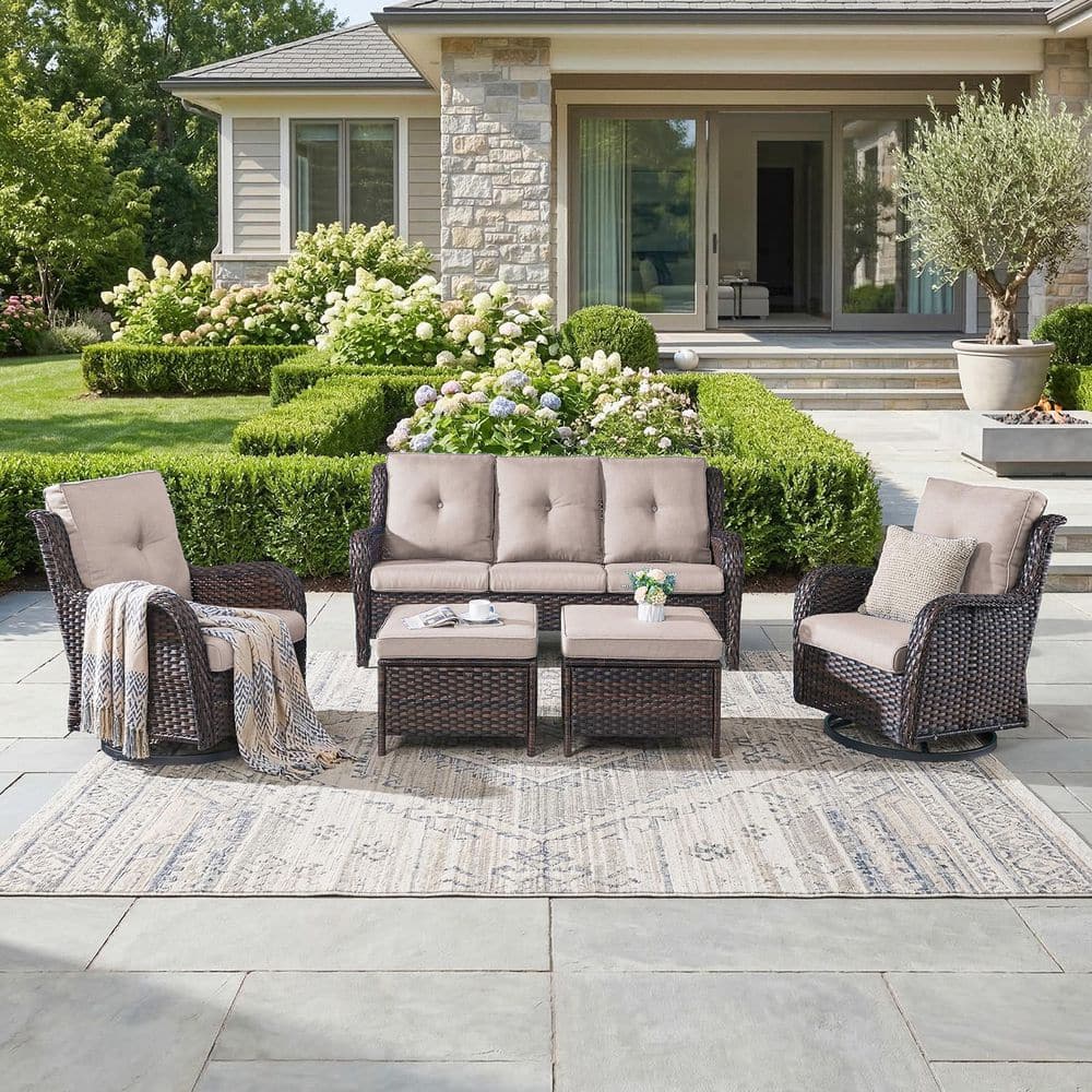 ArcLine 5-Piece Brown Wicker Patio Conversation Set with Olefin Beige Cushions and Swivel Glider Chairs/Sofa price history on PriceWatchPro