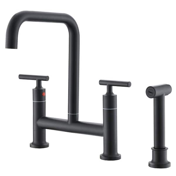 Double Handle Transitional Bridge Kitchen Faucet with Pull Out Side Sprayer in Matte Black