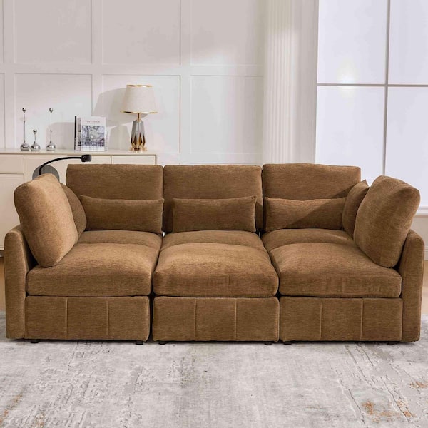 85.4 in. Round Arm Chenille Sectional Sofa with a Movable Ottoman and 2 USB Ports and a Phone Holder in Brown