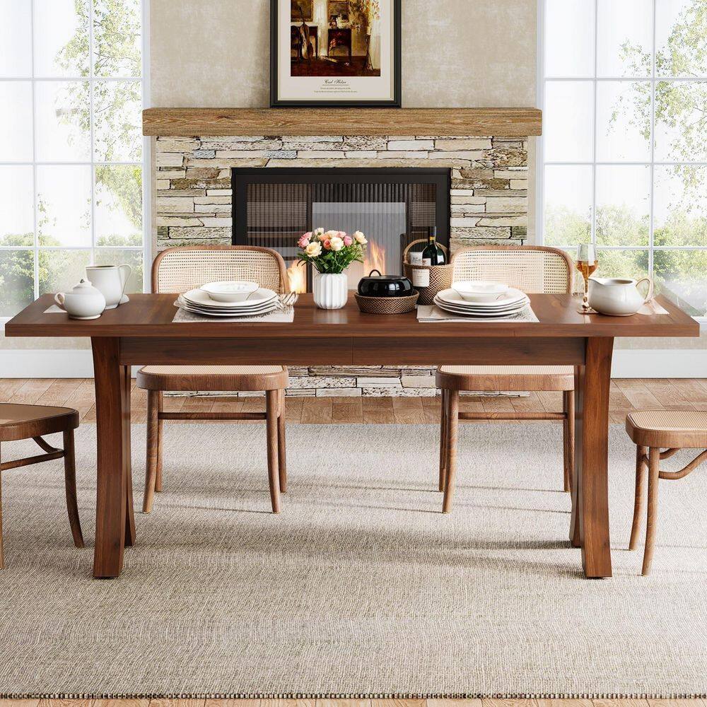 63 in. Walnut Brown Wood Cross Legs Dining Table Seats 44-6, Farmhouse Rectangle Kitchen Table Kitchen Dining Room