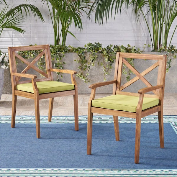 Coporesell Teak Acacia Wood Outdoor Dining Chair with Green Cushions (2-Pack)